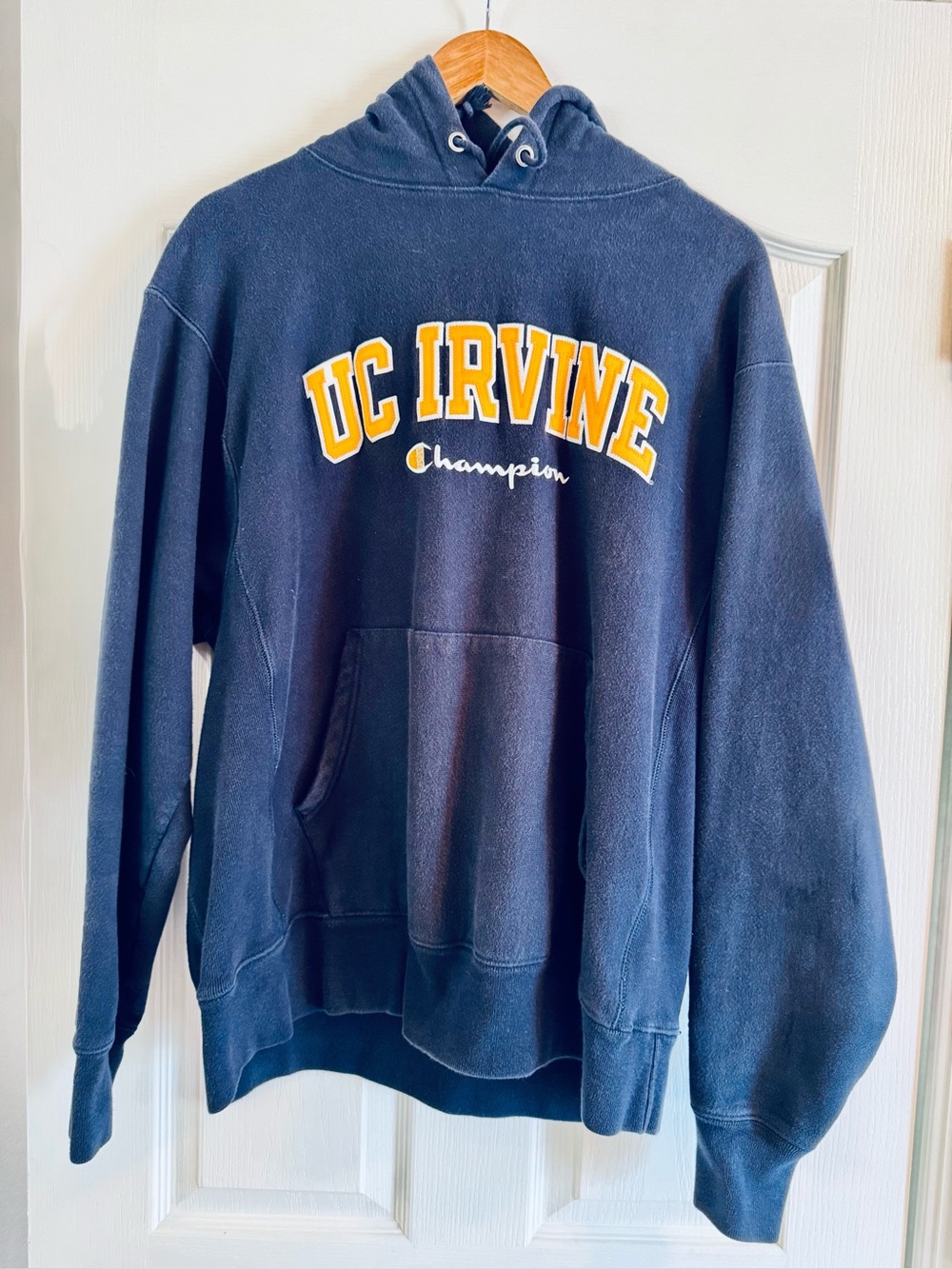 Champion UC Irvine Navy Crewneck Hoodie with Yellow Collegiate Lettering